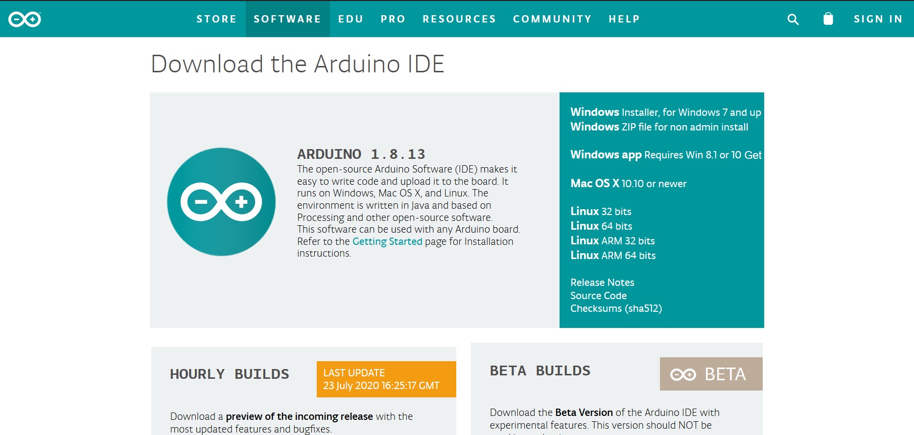 Screenshot von der Download-Seite der Arduino IDE