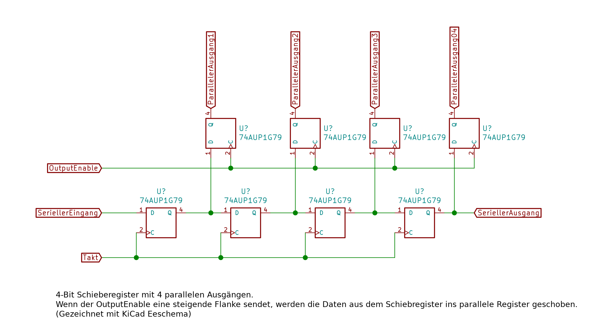 Schaltplan eines 4-Bit Schieberegisters mit parallelen Ausgängen.
